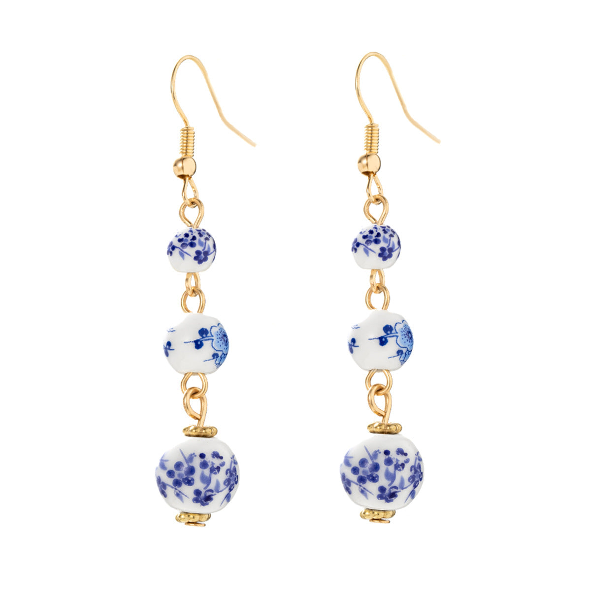 Blue and White Porcelain Bead Long Dangle Earrings