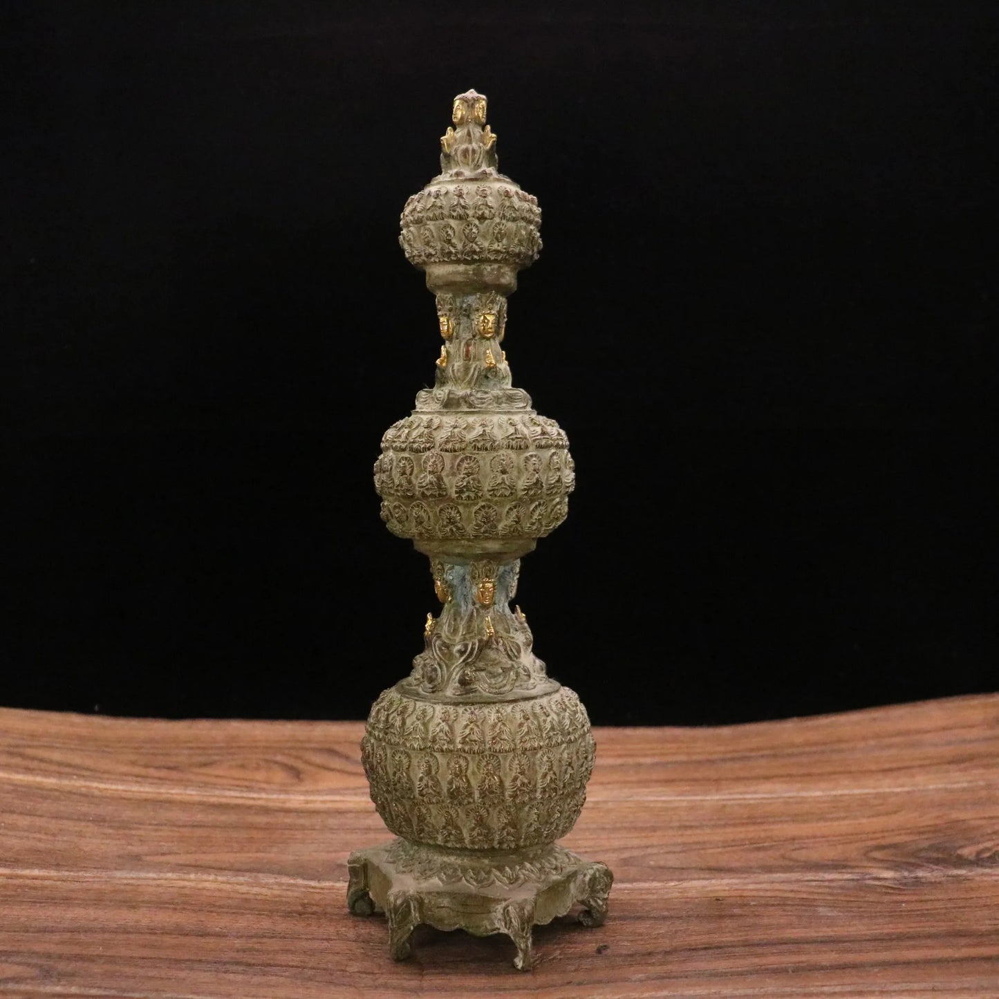 Old Tibetan Brass Thousand Buddhas Pagoda Stupa, 13"