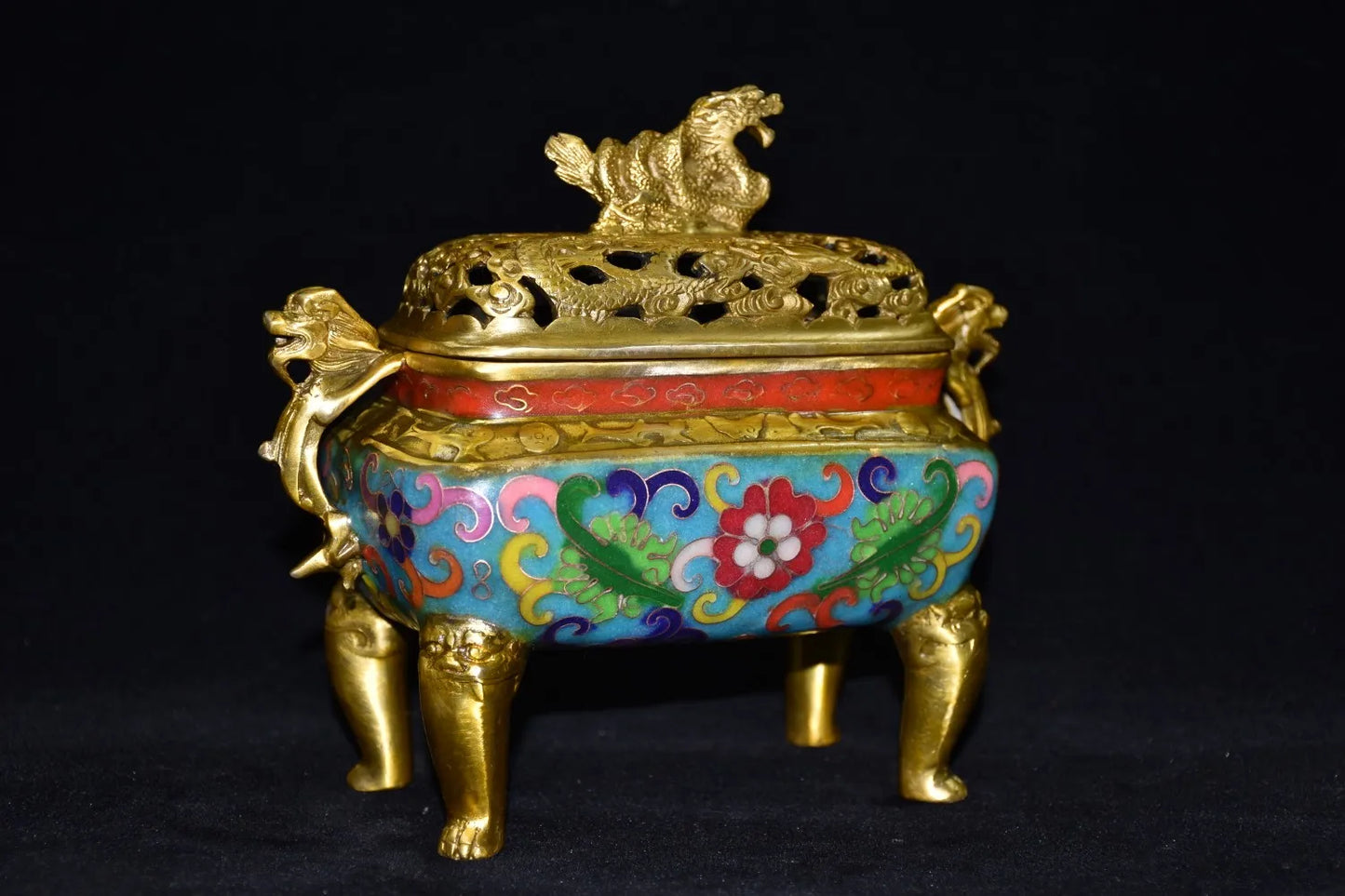 Bronze Cloisonné Dragon-Ear Incense Burner – Quadruped Temple Censer