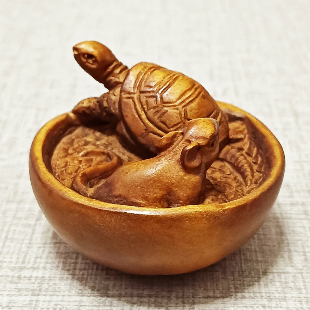 2" Buchsbaum Maus & Schildkröte Netsuke – Japanische Tierminiatur