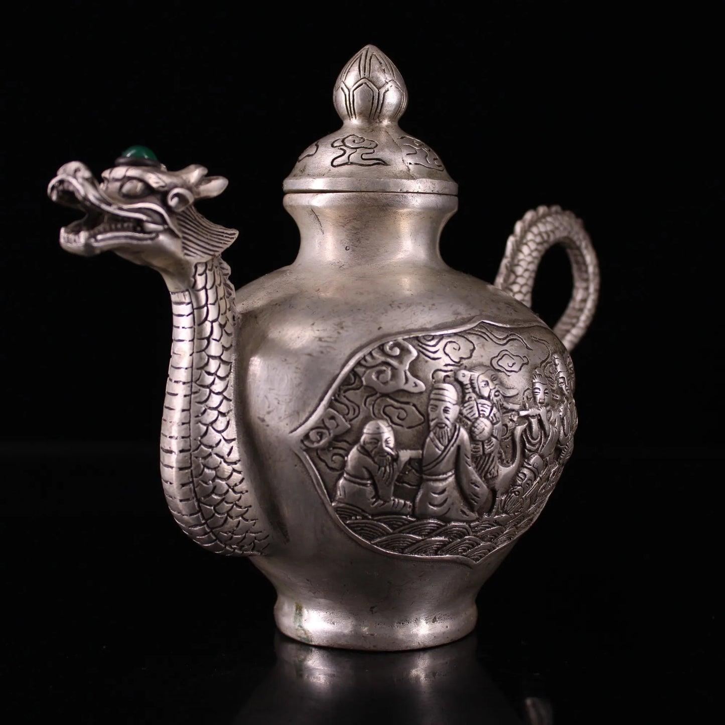 7"Tibetan Temple Collection Old Bronze Gilded Silver Mosaic Gem Eight Immortals Painting Dragon mouth flagon kettle teapot