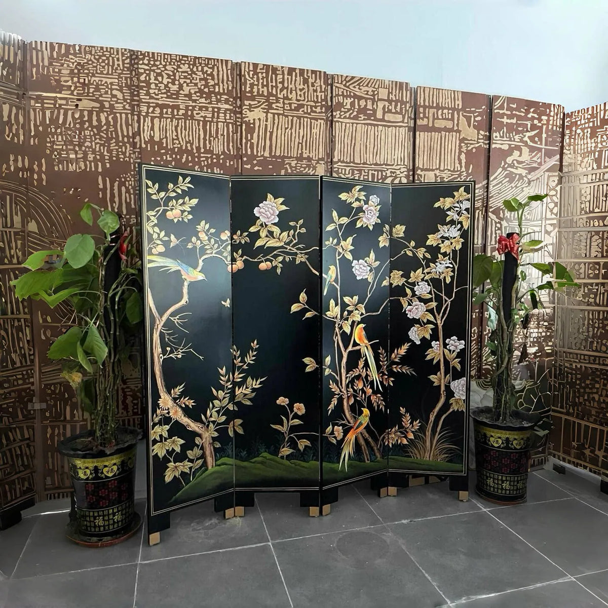 Hand-Painted Black Lacquer Relief Folding Screen – 4-Panel Flower & Bird Room Divider