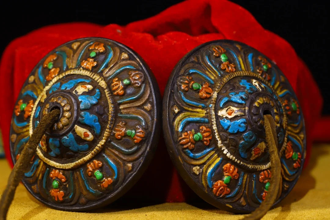 Tibetan Bronze Cinnabar Eight Treasures Buddha Bell (3")