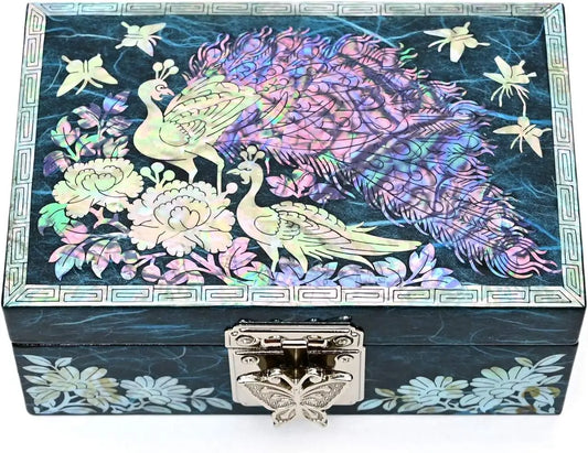 Mother of Pearl Jewelry Box with Peacock Design for Rings, Earrings, and Bracelets