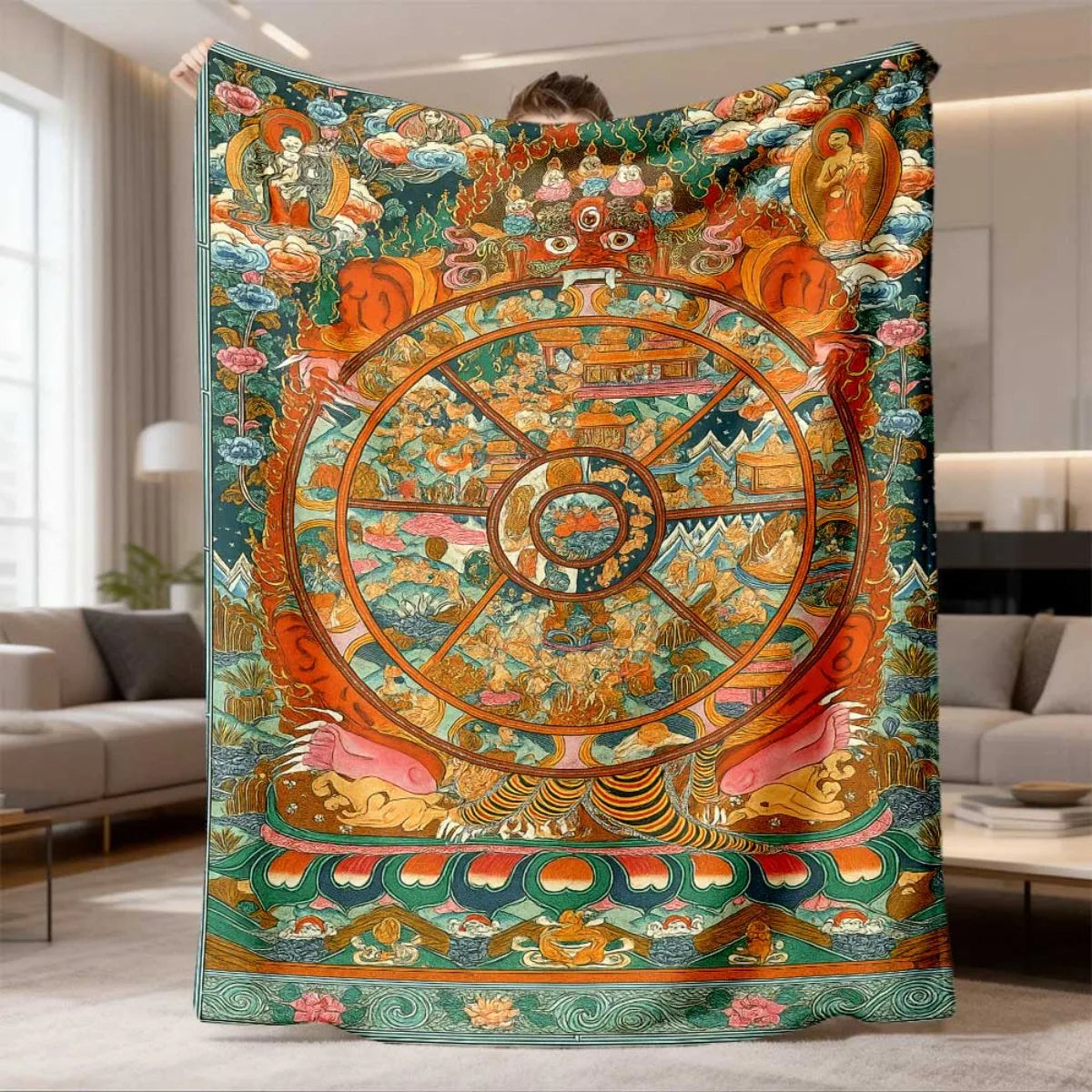 Tibetan Thangka Wheel of Life (Bhavachakra) Flannel Blanket – Sacred Buddhist Art Throw