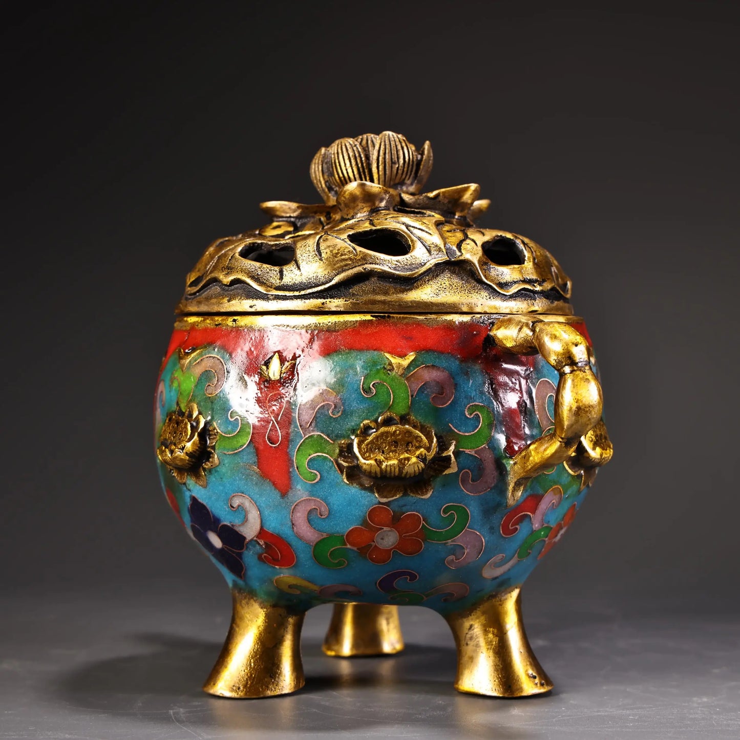6"Tibetan Temple Collection Old Bronze Cloisonn Enamel High Relief Lotus cover Lotus Root Ear Three Legged Incense Burner