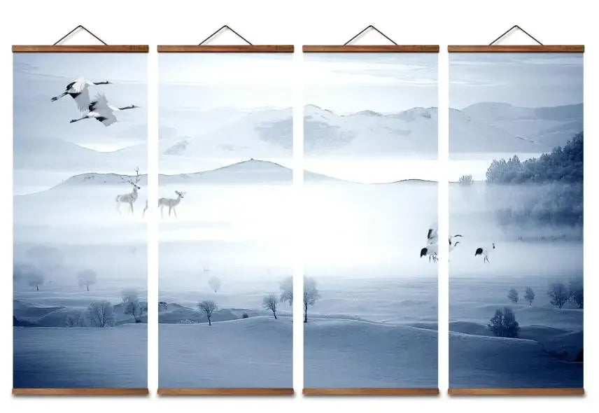Chinese Style Snow Mountain Deer Bird Decorative Wall Art Canvas Poster in Blue and White