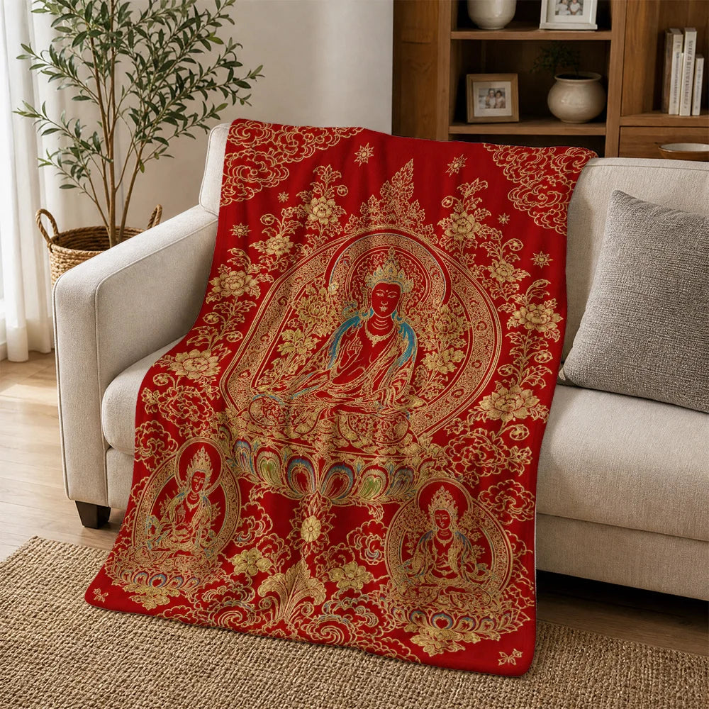 Ornate Thai Buddhist Tapestry Throw Blanket – Luxurious Red & Gold Sacred Art Blanket