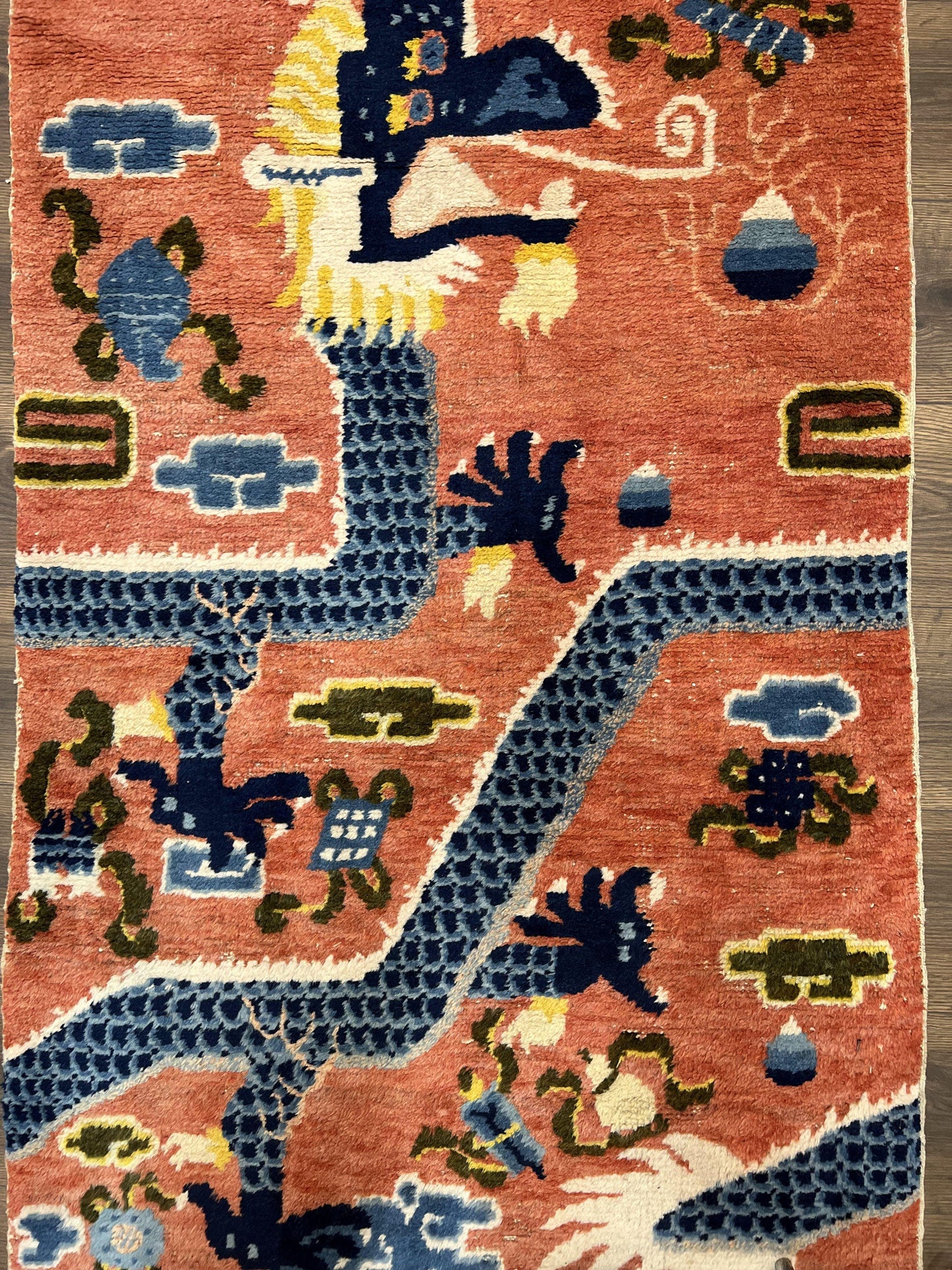 Alfombra de pilar china Ningxia rara de 3x8, finales de la dinastía Qing, dragón de 5 garras, borde de arcoíris de nubes, alfombra antigua coleccionable, lana anudada a mano