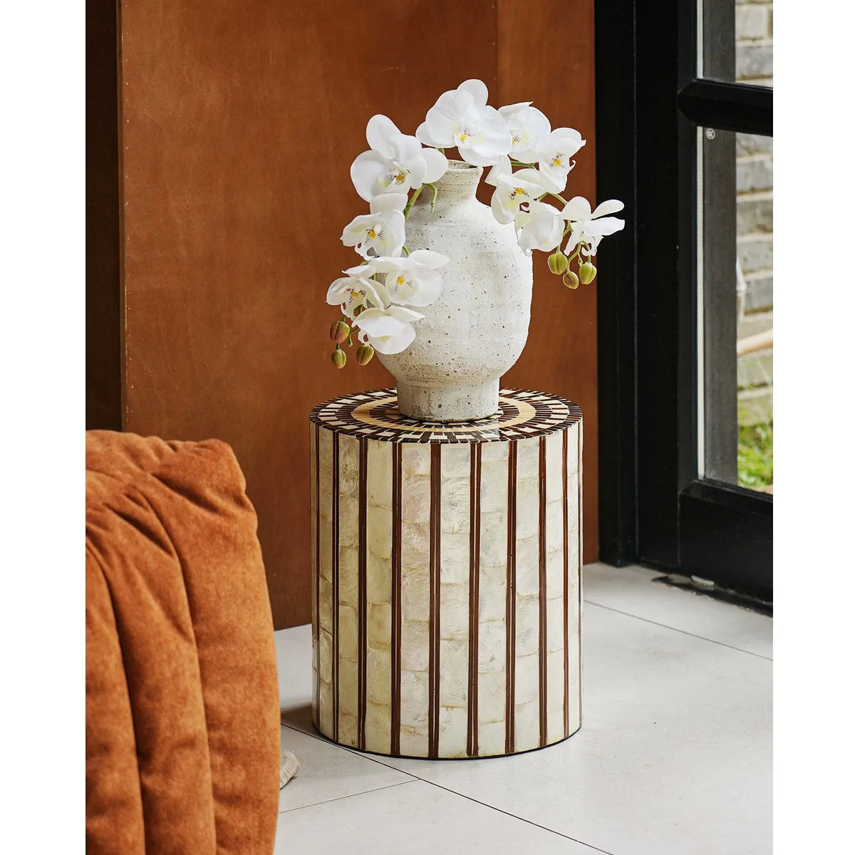 Artisanal Striped Shell Inlay Round Accent Table & Stool