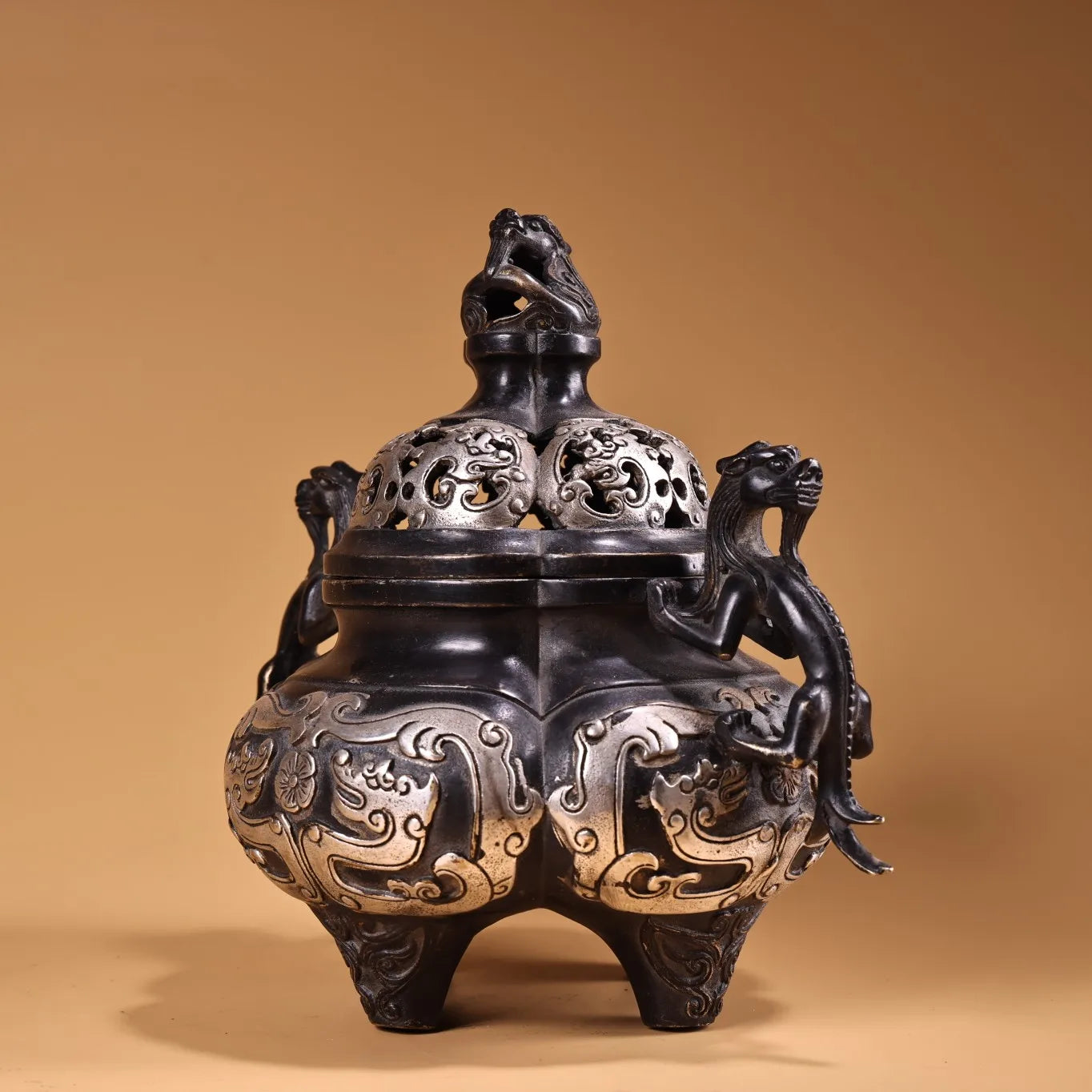 Tibetan Temple Bronze Dragon-Ear Censer – Gilded Silver Three-Legged Incense Burner (8")