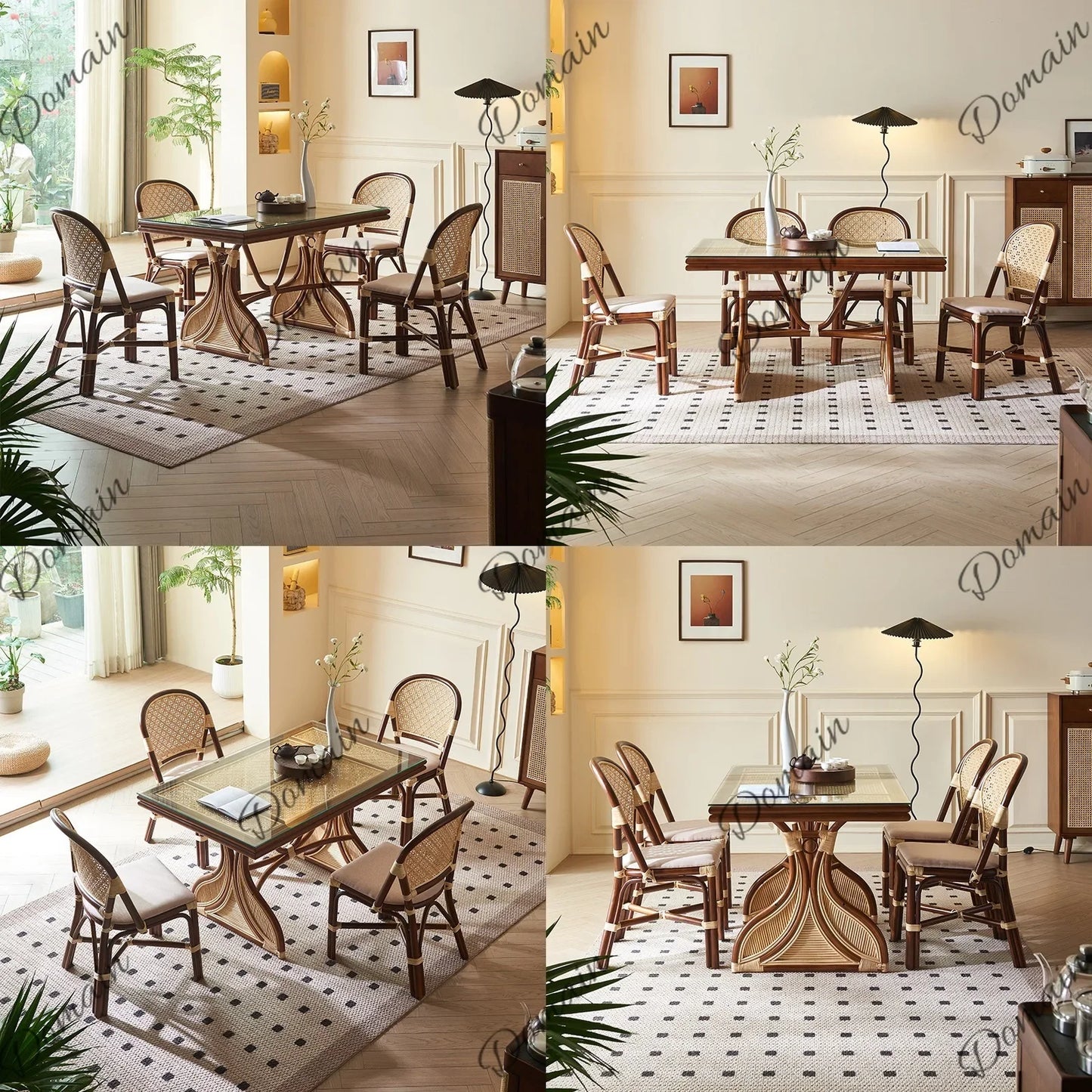 V81 Southeast Asian Rattan Dining Table Vintage Rustic Creative Art Table Chair Set Rectangular Restaurant Furniture