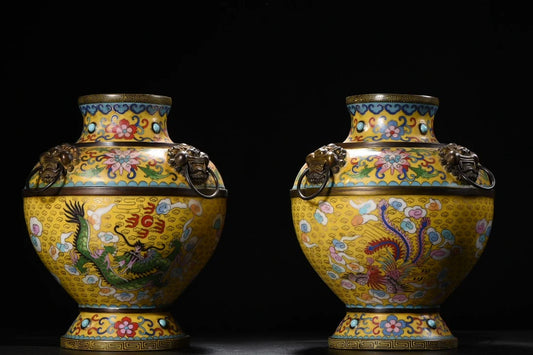 Tibetan Bronze Cloisonné Dragon & Phoenix Vases (Pair, 12")