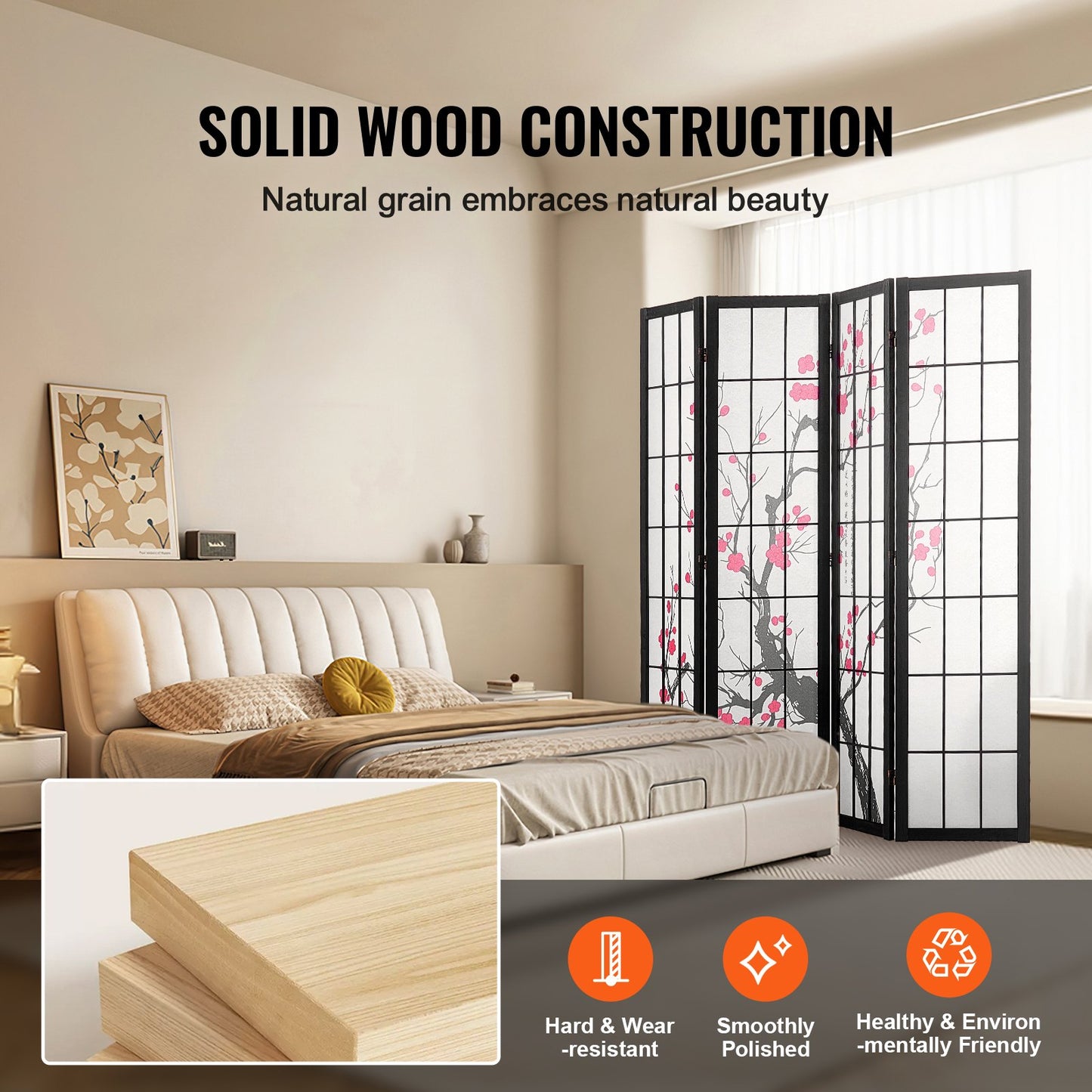 4 Panel Wood Japanese Room Divider Screen for Room Separation Home Office Restaurant & Bedroom