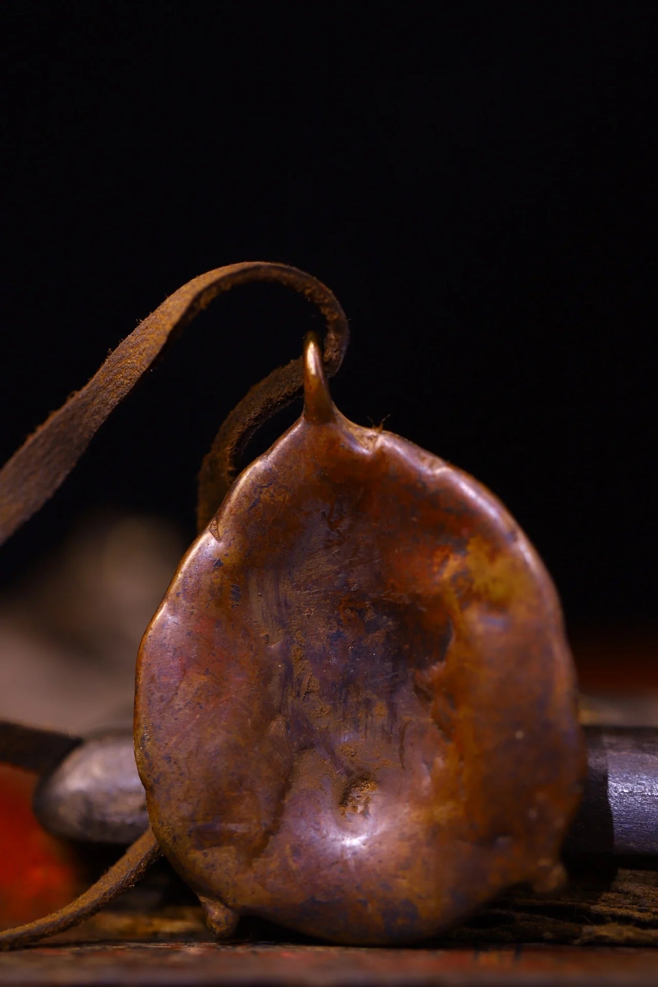 Bronze Cinnabar Mahakala Head Pendant – Temple Protector Amulet