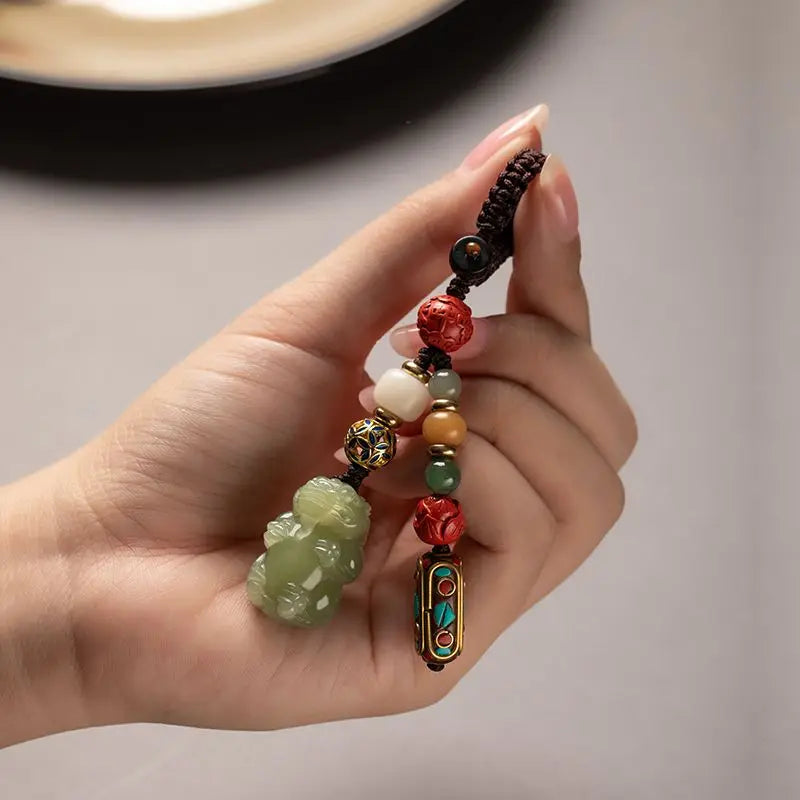 Pure hand-carved Hetian jade pendant Pixiu car keychain male simple female natal year gift