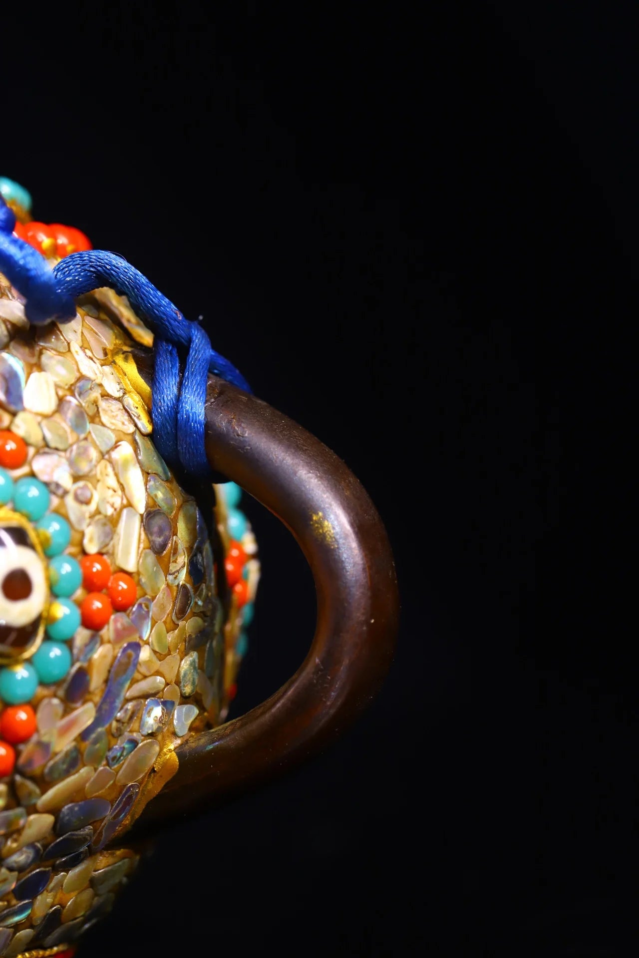 6"Tibetan Temple Collection Old Natural Horn Mosaic Gem gZi Beads Shell Butter pot Beam jug kettle teapot Manjusri Town House