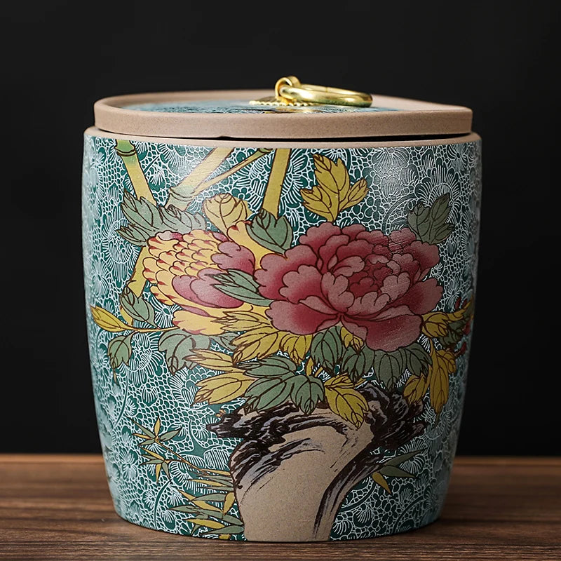 Chinese-style Tea Pot with Lid Moisture-proof Storage Tank Ceramic Sealed Storage Tank Home Retro Tea Box Living Room Decoration