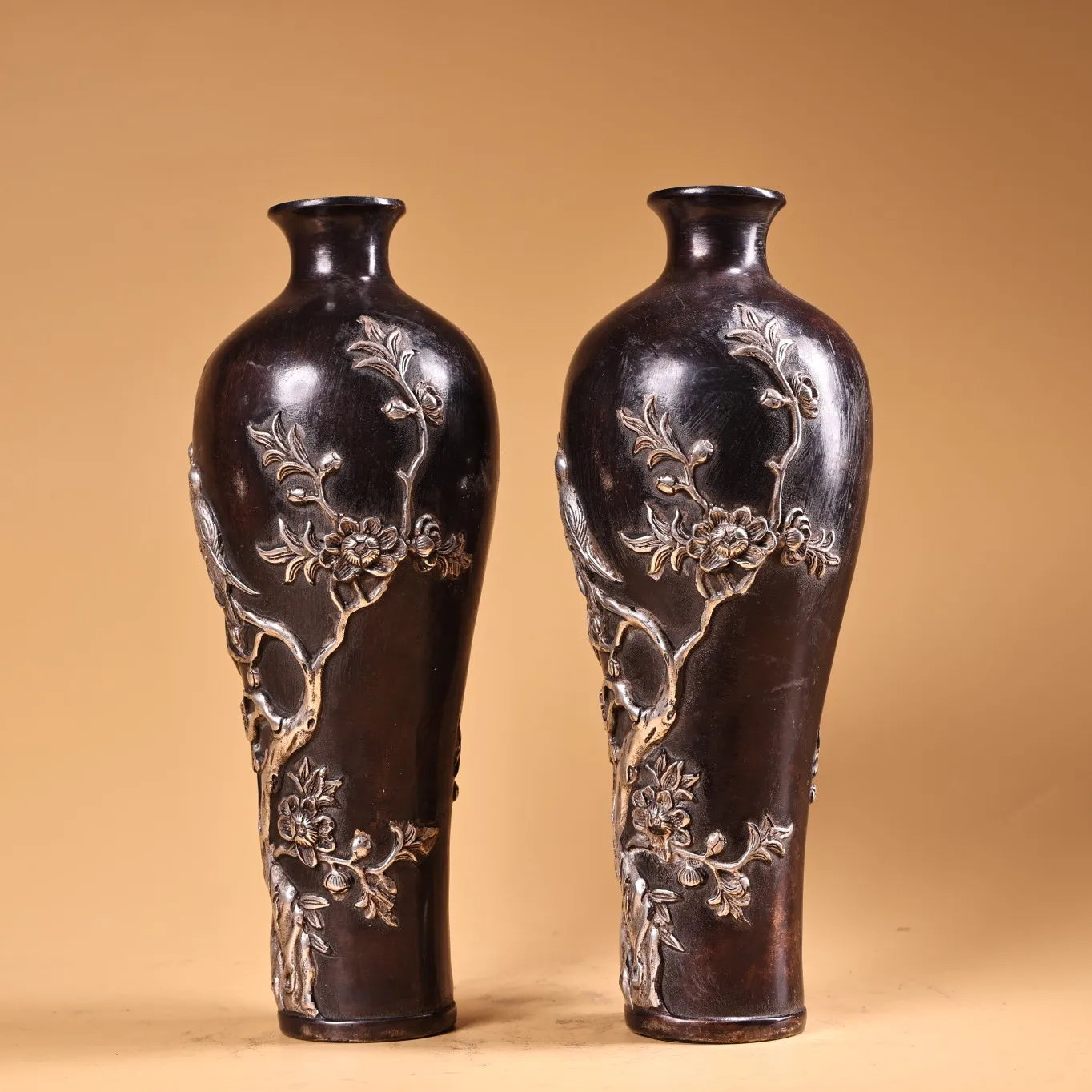 9" Bronze Gilded Silver Magpie & Plum Blossom Vase Pair