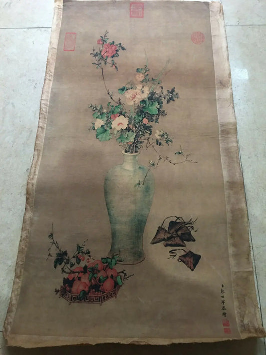 Vintage Chinese Scroll After Lang Shining & Wu Ruitu – Rice Paper Hanging Painting