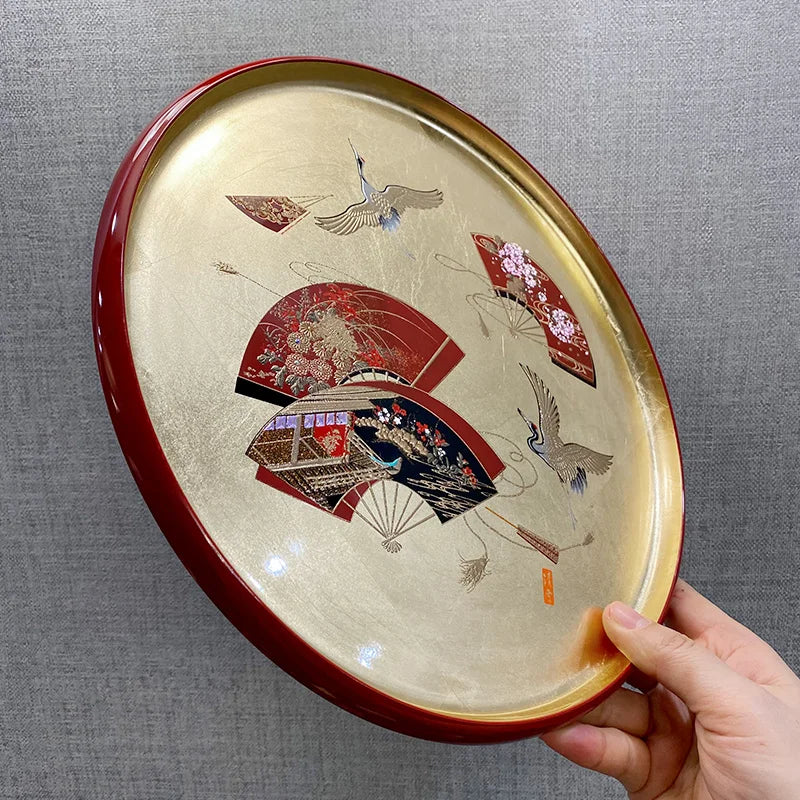 Handgemachtes rundes Tablett mit Goldfolie im japanischen Stil, Teeteller, Obstteller, Berg-Lackkunsthandwerk, Essgeschirr
