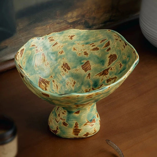Vintage Wabi-Sabi Irregular Ceramic Pedestal Fruit Bowl – Rough Pottery Display Tray