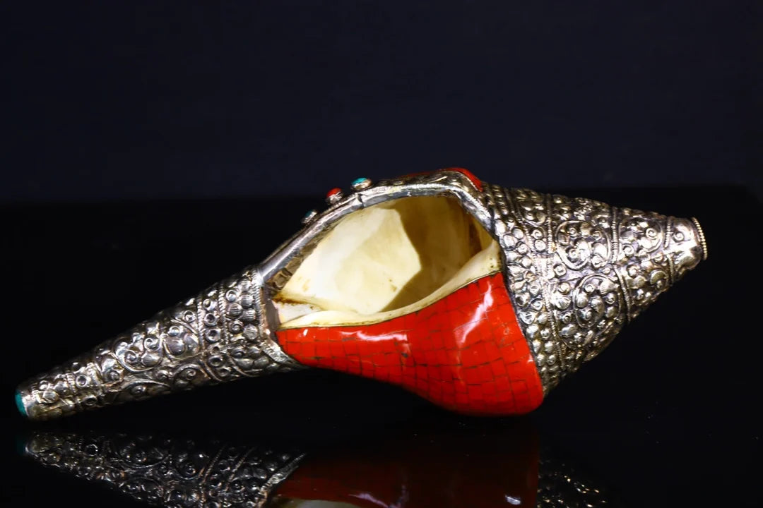 13"Tibetan Temple Collection Old Natural Conch Tibetan silver Mosaic Gem Turquoise Buddha Conch Worship Hall Town house