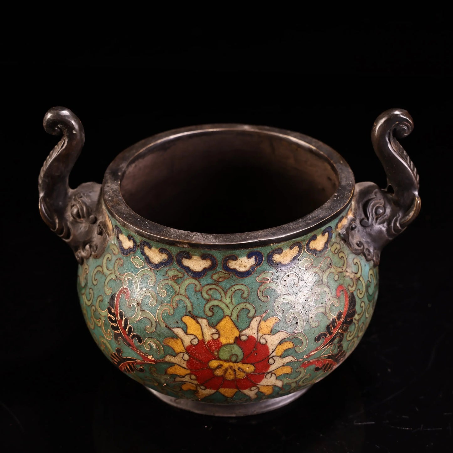 7"Tibetan Temple Collectio Old Bronze Cloisonne Enamel Lotus pattern Elephant Head Ear Smoker Incense Burner Town house