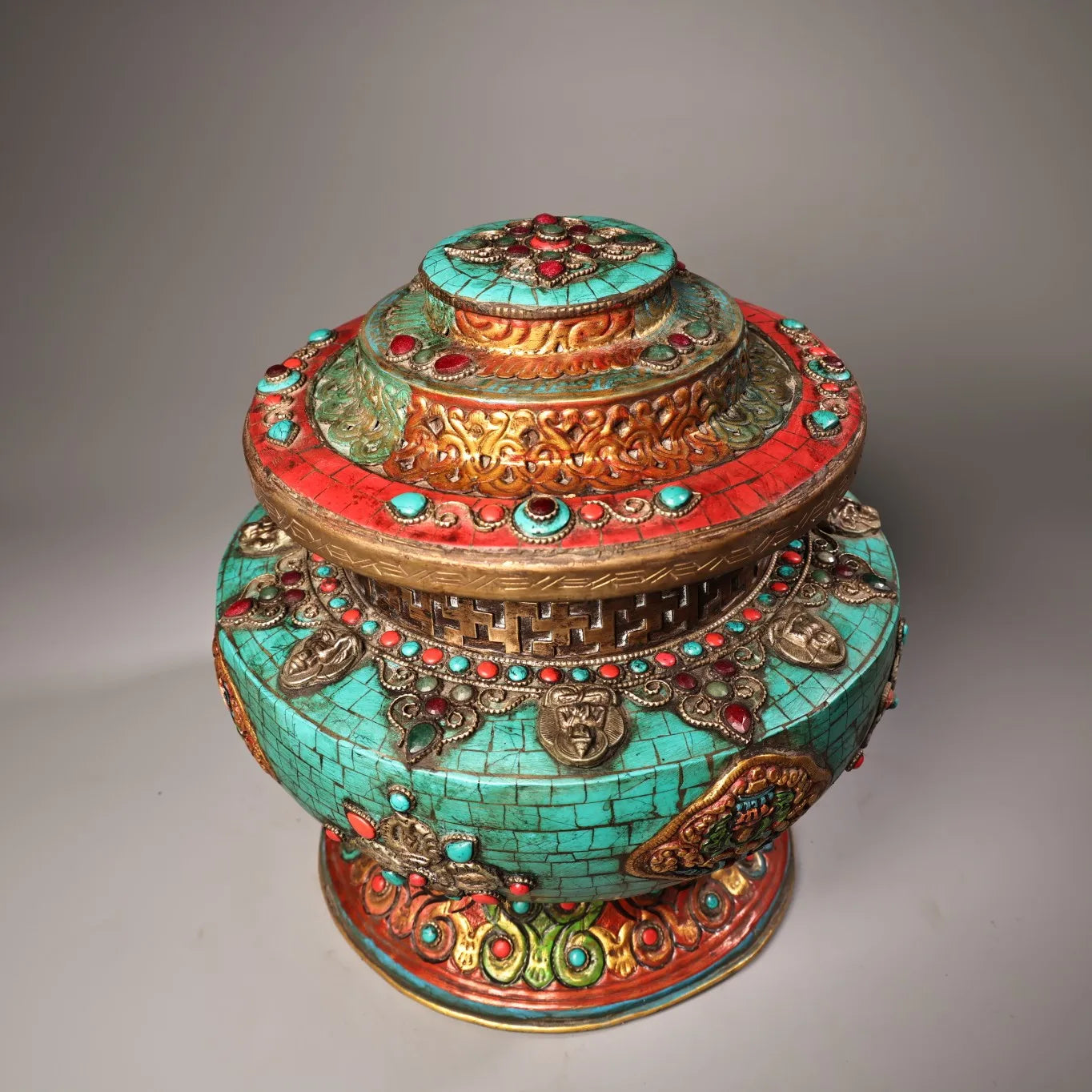 Tibetan Bronze Turquoise Eight Treasures Buddha Jar (10")