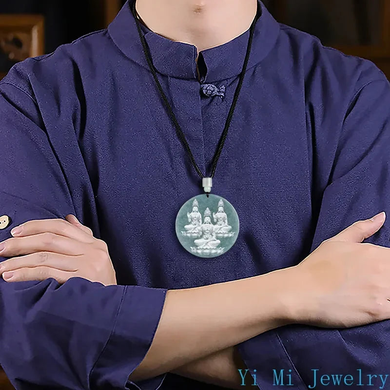 Natural A-grade Jade Pendant Shadow Sculpture Buddha Statue Guanyin Ice Jade Men's and Women's Hanging Jade Jewelry Necklace