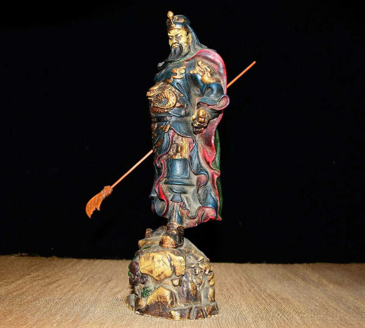 Tibetan Temple Boxwood Guan Gong Statue, Dragon Guardian 9"