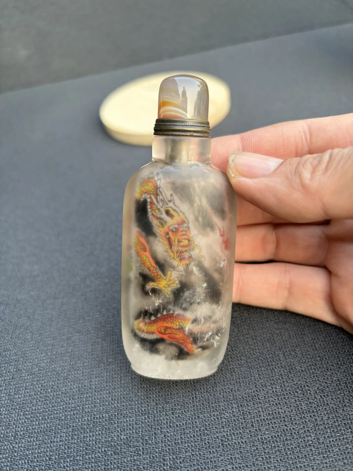 Antique Chinese Snuff Bottle with Natural Crystal and Inside Painting - Dragon Design