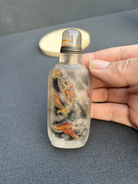 Antique Chinese Snuff Bottle with Natural Crystal and Inside Painting - Dragon Design