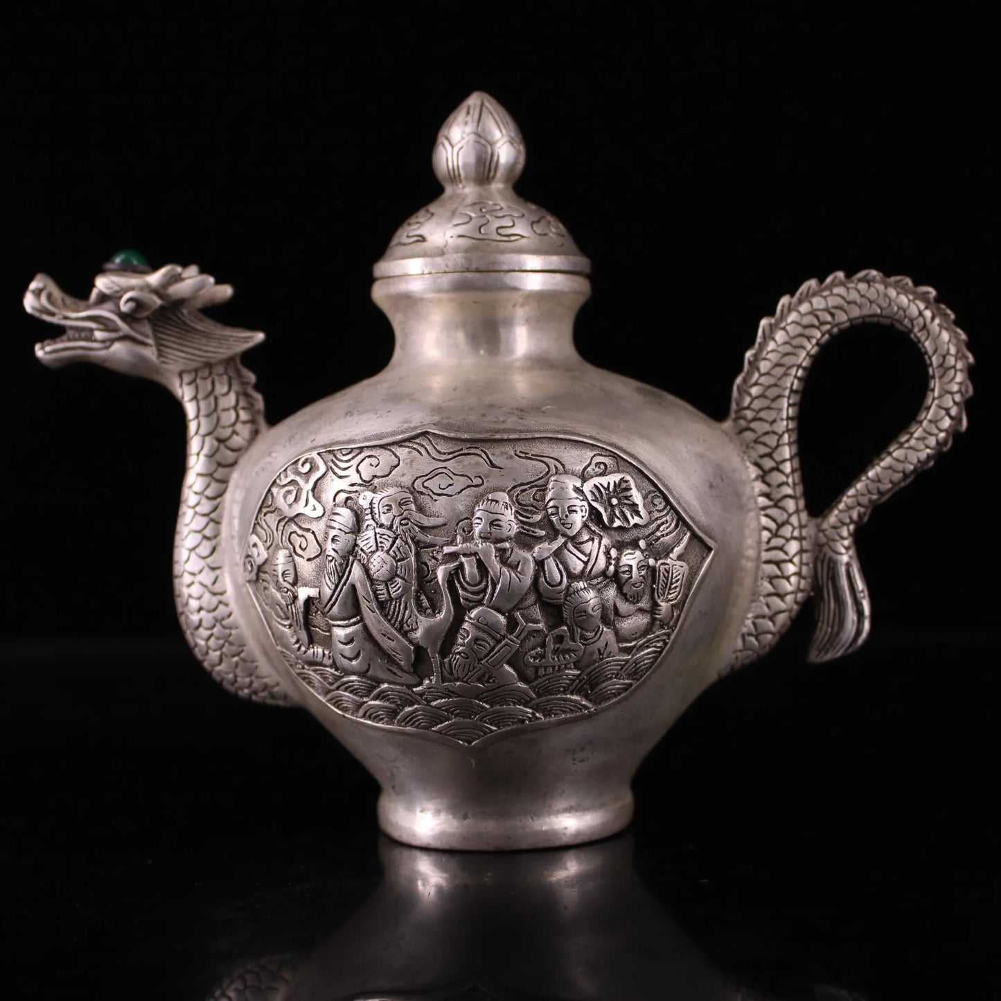 7"Tibetan Temple Collection Old Bronze Gilded Silver Mosaic Gem Eight Immortals Painting Dragon mouth flagon kettle teapot