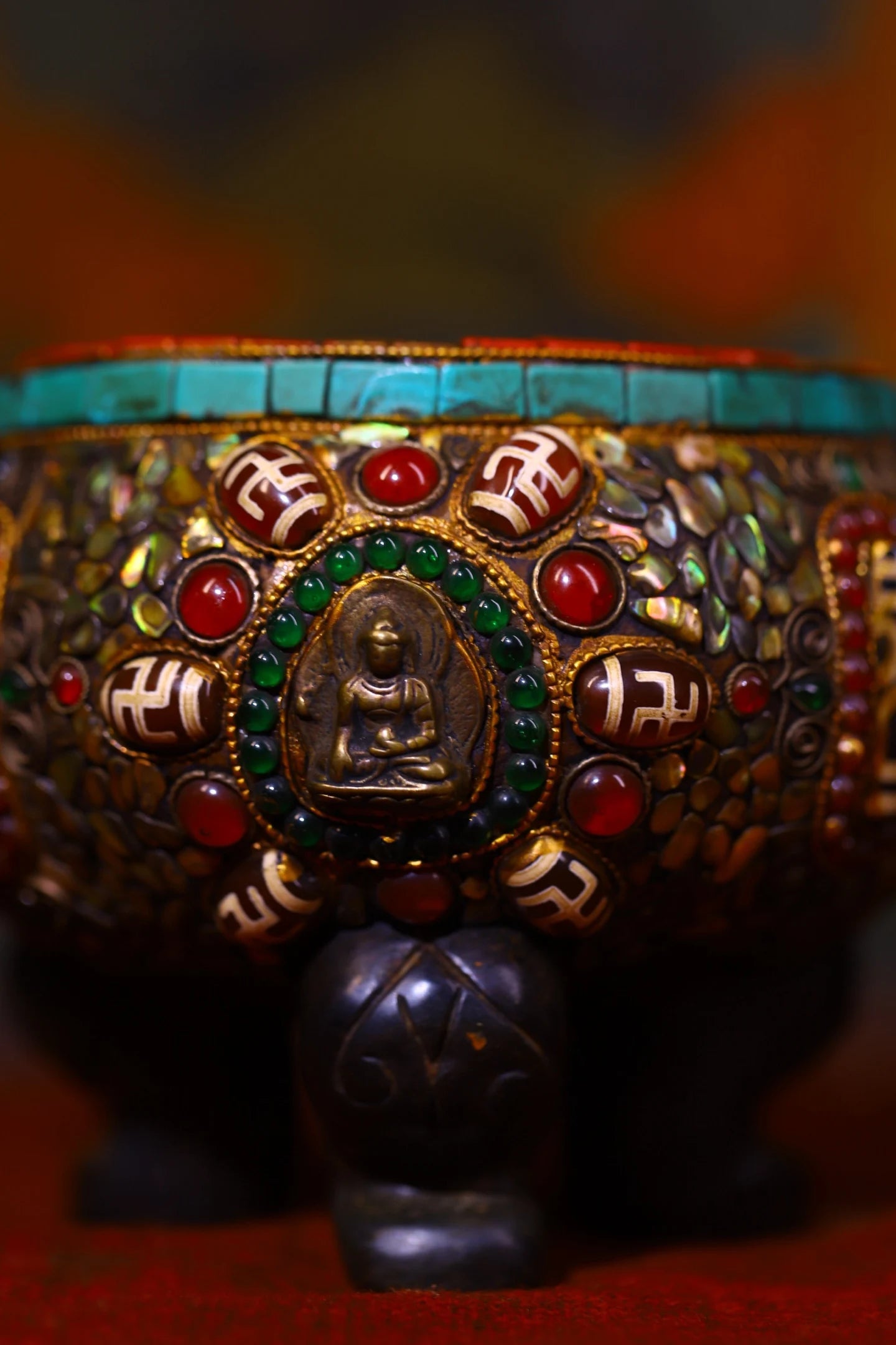 Tibetan Meteorite & Turquoise Shakyamuni Luding Incense Burner (9")