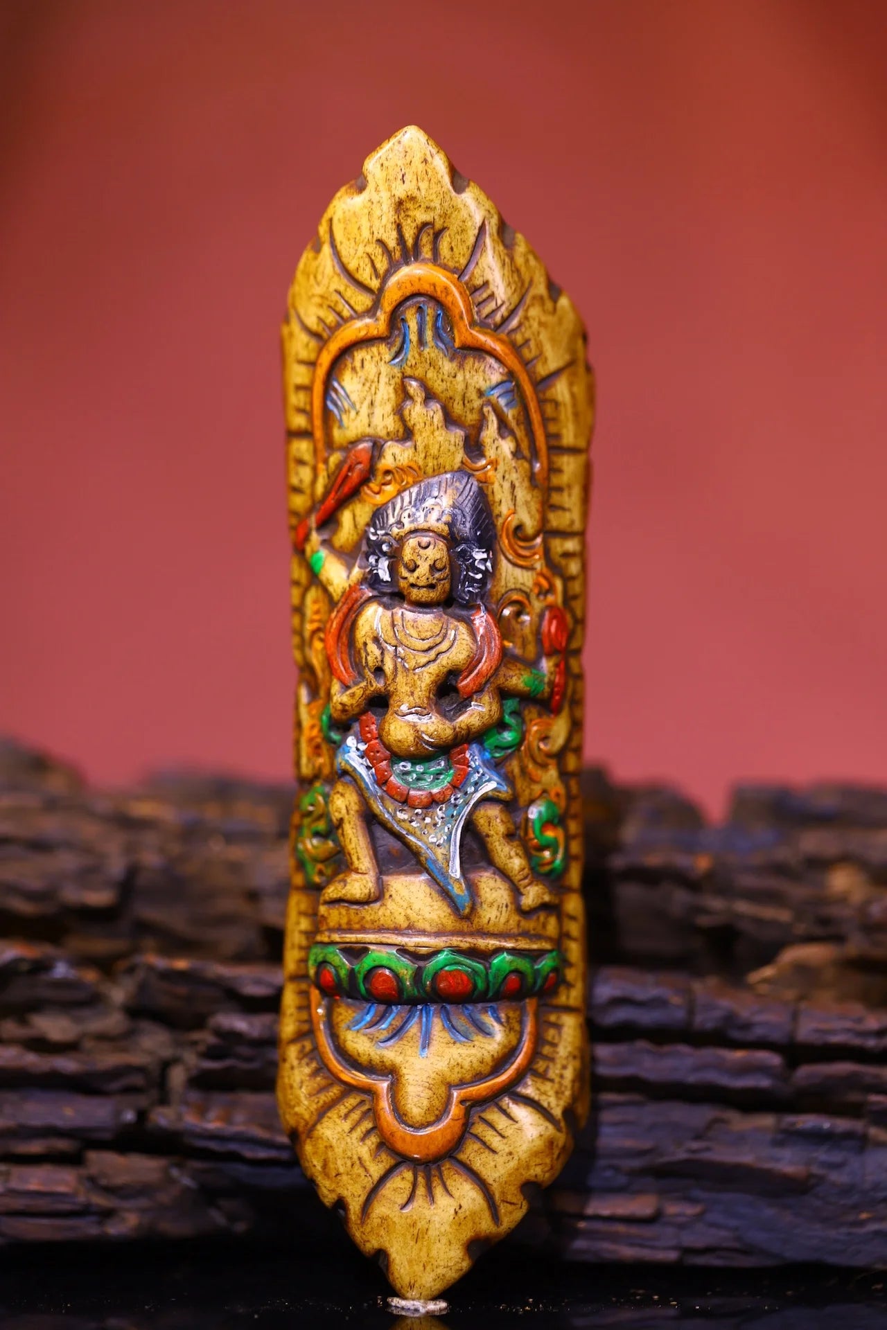 Temple Collection Old Gabala Carving Painted Gabalafo clothing pieces Six arms Mahakala Pendant Amulet  Town house