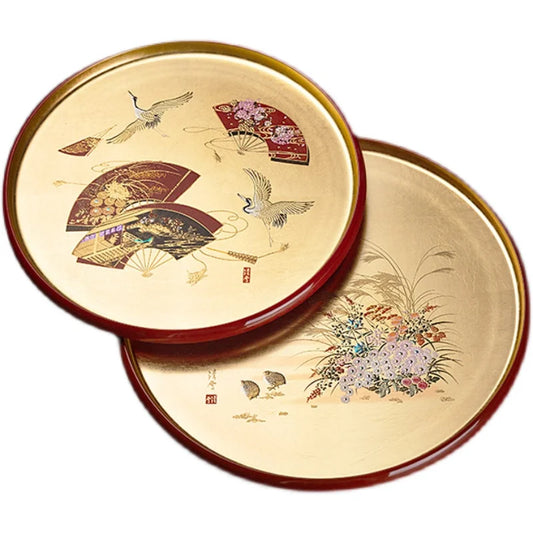 Handmade Gold Foil Round Tray Japanese Style Tea Plate Fruit Plate Mountain Lacquerware Craftsmanship Dining Utensils