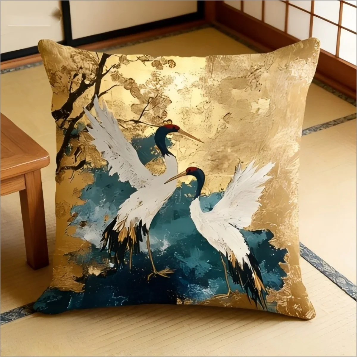 Elegant Oriental Crane Bird Pillowcase 2D Flat Printed Gold Texture Peach Skin Throw Cushion Cover For Couch Bedroom Decor