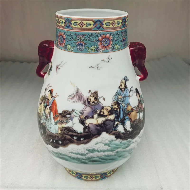 Chinese Old Design Porcelain Double Eared Big Belly Vase Pastel Eight Immortals