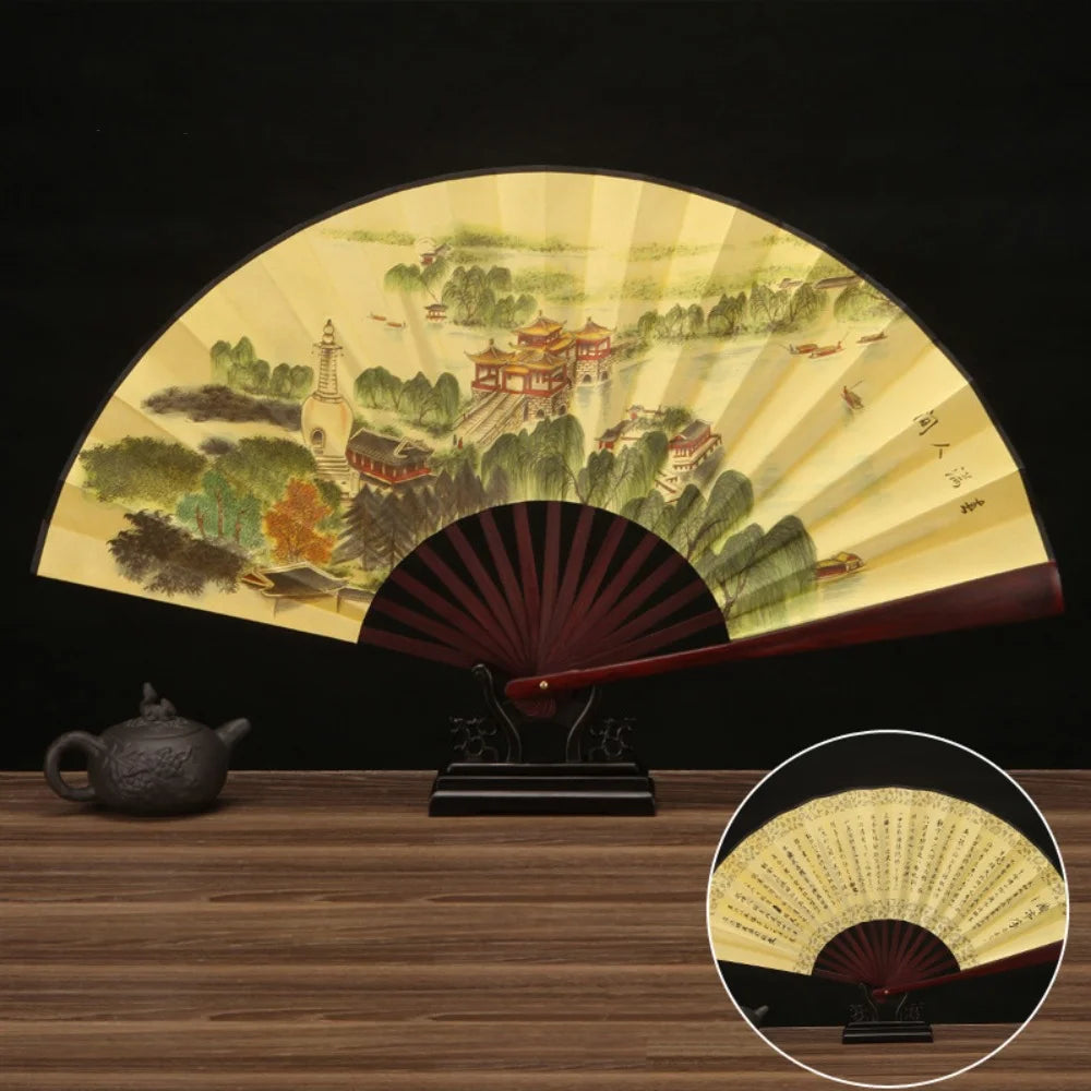 33.33CM Chinesischer Faltfächer im Vintage-Stil, Holzgriff, klassischer Party-Tanz-Handfächer, Sommer-Kühlfächer für Herren und Damen