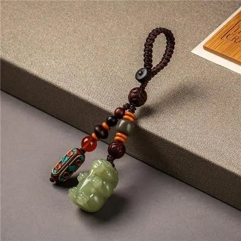Pure hand-carved Hetian jade pendant Pixiu car keychain male simple female natal year gift