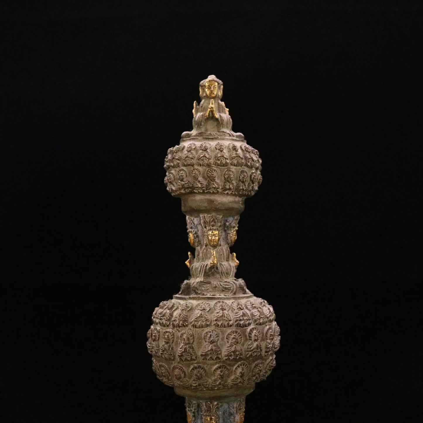 Old Tibetan Brass Thousand Buddhas Pagoda Stupa, 13"