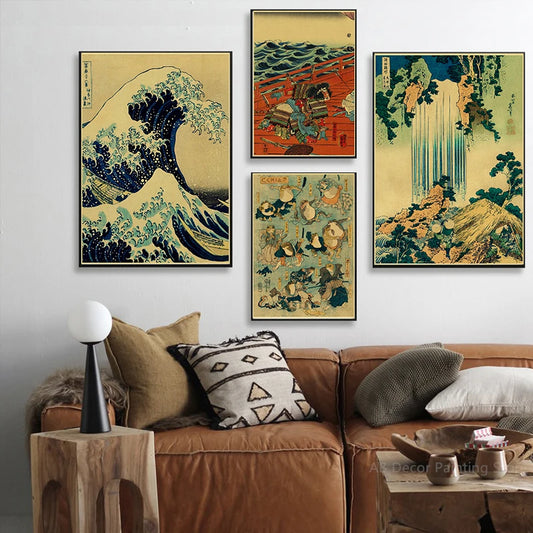 Vintage Japan Kunstplakat Abendblick auf den Berg/Kanagawa/Große Welle/Frosch/Vogel/Wasserfall Drucke Zuhause Zimmer Dekor Kunst Wandmalerei
