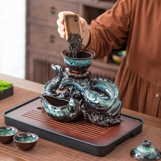 Coiling Dragon Ceramic Teapot Set – Rotating Spout “Lazy Brewer” Tea Set