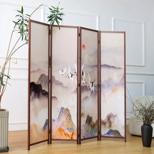 4 Panel Room Divider, Double-Sided Folding Privacy Screen for Home Office – Freestanding Wall Partition with New Chic Colorful Landscape 67" H x 63" W - 5.6 ft Tall