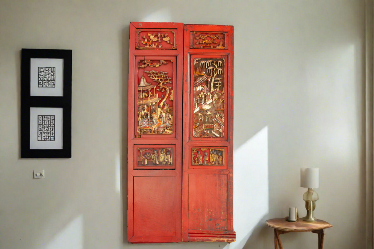 Antique Scarlet Red Gilt Asian Panels, Set of 2