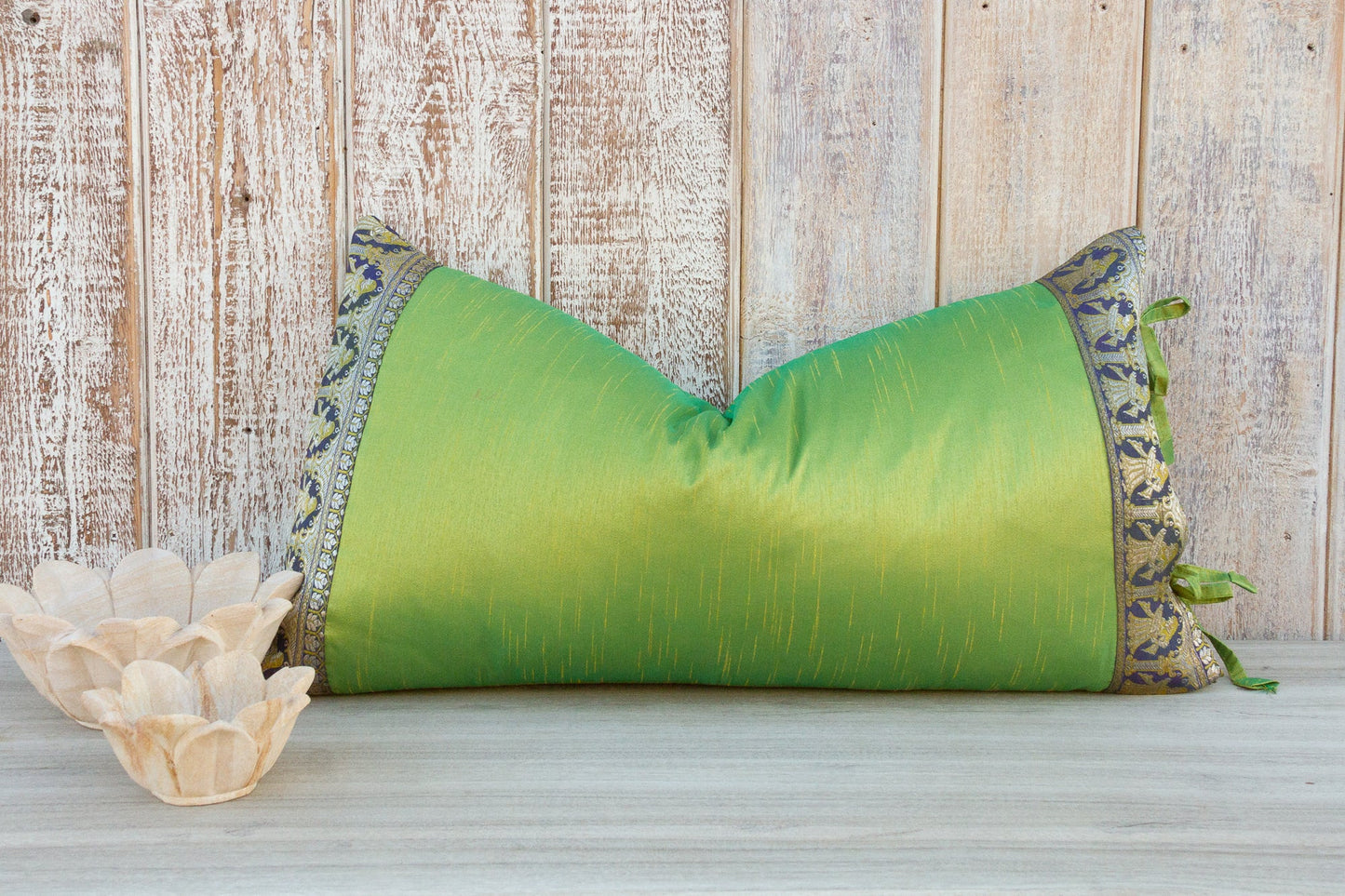 Lime Green Large Festive Indian Silk Queen Lumbar Pillow Cover