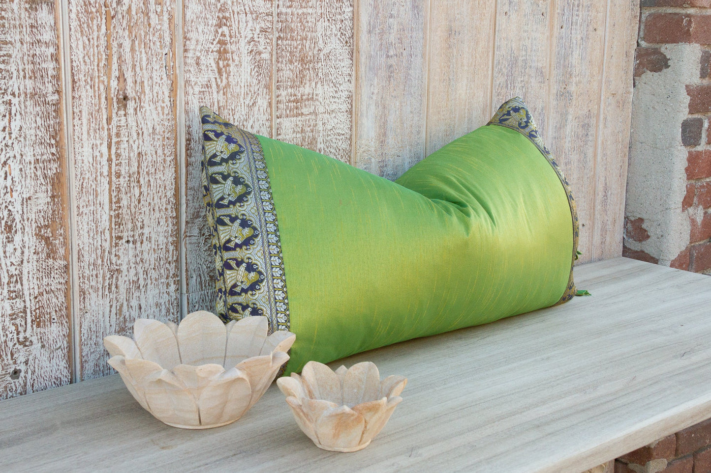 Lime Green Large Festive Indian Silk Queen Lumbar Pillow Cover