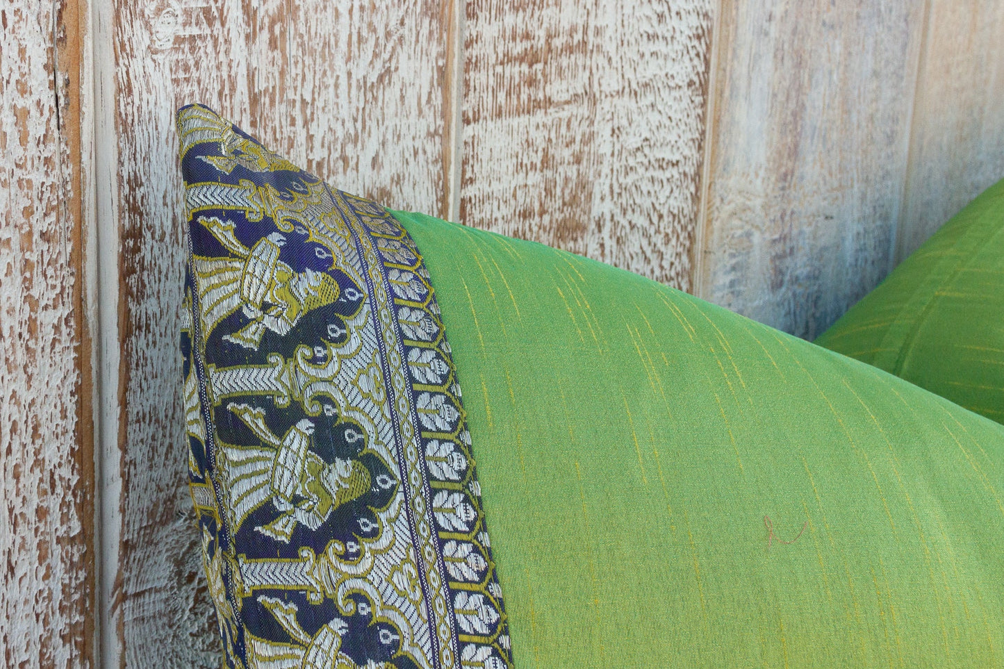 Lime Green Large Festive Indian Silk Queen Lumbar Pillow Cover