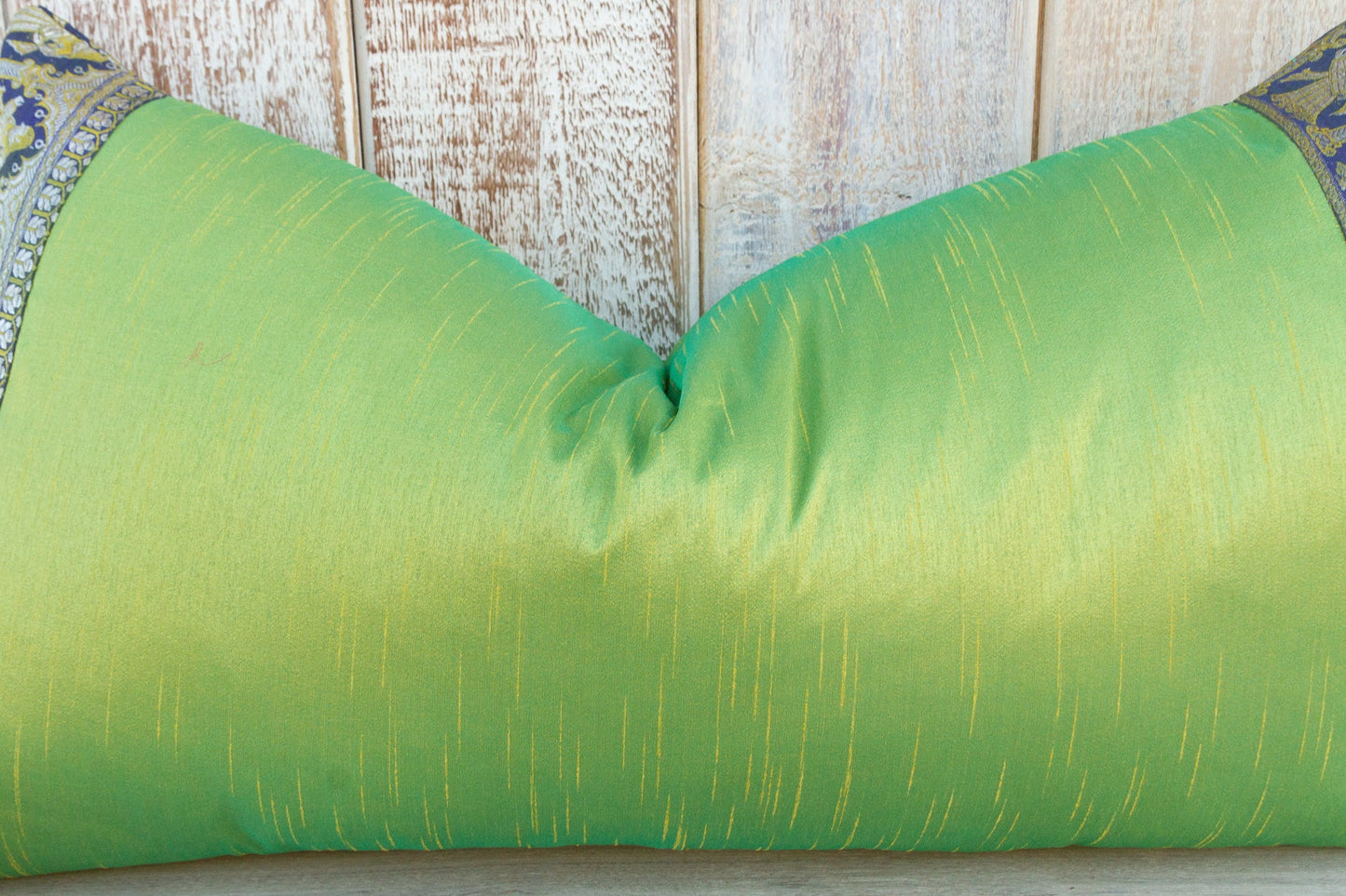 Lime Green Large Festive Indian Silk Queen Lumbar Pillow Cover